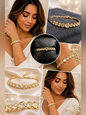 Gold Color Bling Heart Bracelet | Crystal Heart Tennis Bracelet | Romantic
